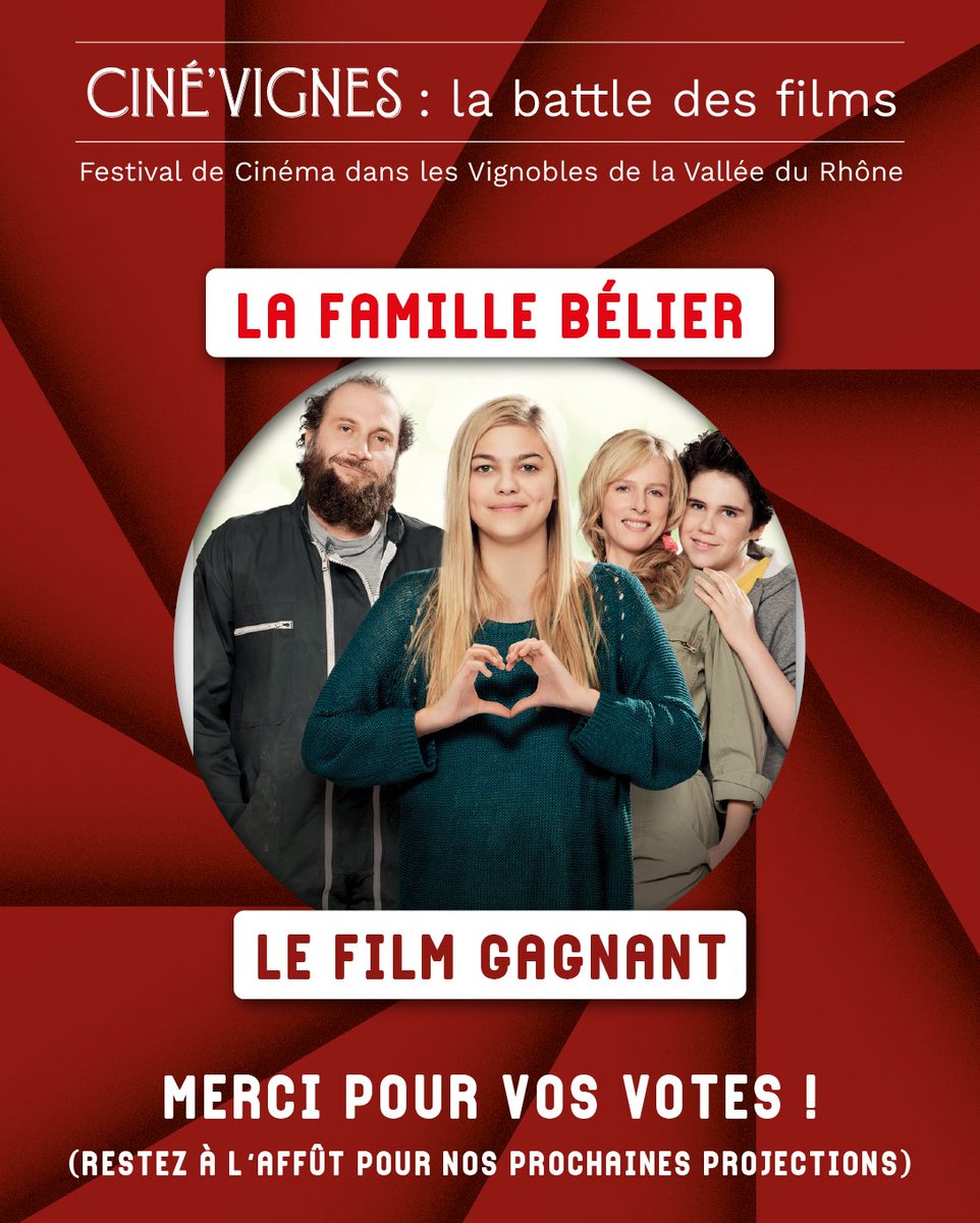Vinsrhone's tweet photo. Ciné’Vignes, ce sont des projections de films et des dégustations de vins du 27 juillet au 9 août dans les vignobles de la Vallée du Rhône. Pour l’ouverture du festival qui débutera à Chavanay, vous avez voté pour “La Famille Bélier” ! https://t.co/O5gCweopAQ