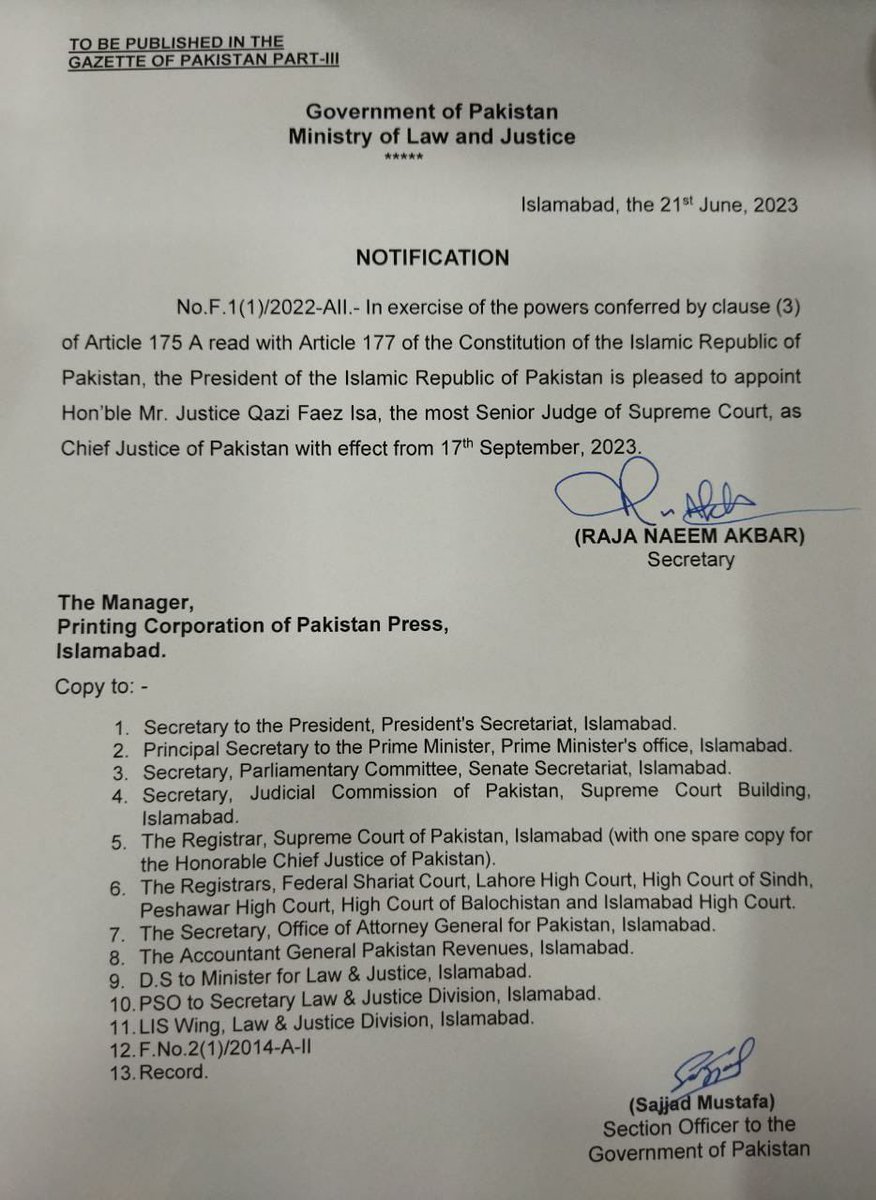 Breaking Now : Notification issued  for the appointment of Justice Qazi Faez Isa as the Chief Justice of Pakistan - Justice Faez / his family were insulted/harassed by PM Imran Khan’s via his so called judicial Refrence -President facilitated it ! Today DIVINE  JUTICE PREVAILS !