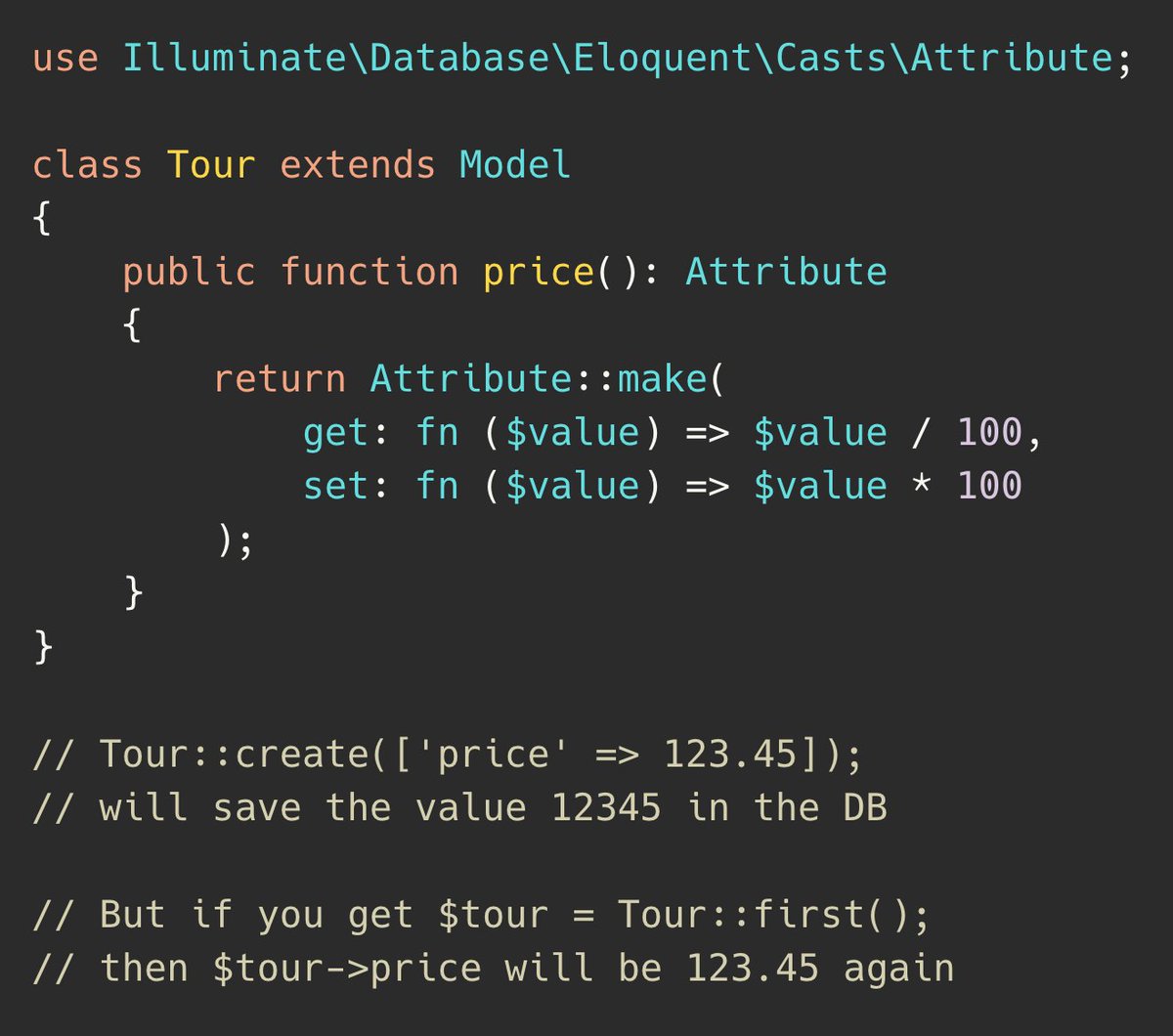 It's advised to store money numbers as integers in DB, in cents.
One way to achieve it in Laravel is with accessors/mutators.

Alternatively, use package like brick/money.

Details in our Premium article
"Dealing With Money in Laravel/PHP: Best Practices"
laraveldaily.com/post/money-lar…