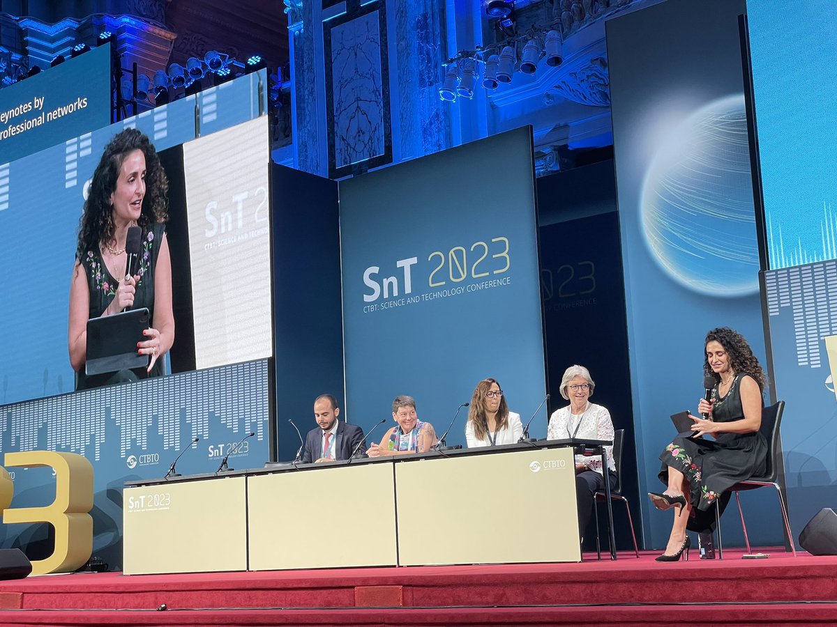 Our <a href="/Sanam_Shantyaei/">Sanam Shantyaei</a> moderating  #SnT2023 “Professional networks promoting female &amp; young experts in STEM &amp; cooperation with CTBTO”. The importance ES <a href="/_RobFloyd/">_RobFloyd</a> attaches to this topic is evident from his presence itself, joined by <a href="/floyd8_lyn/">Lyn Floyd</a> 
Shoutout to our young leader Marius