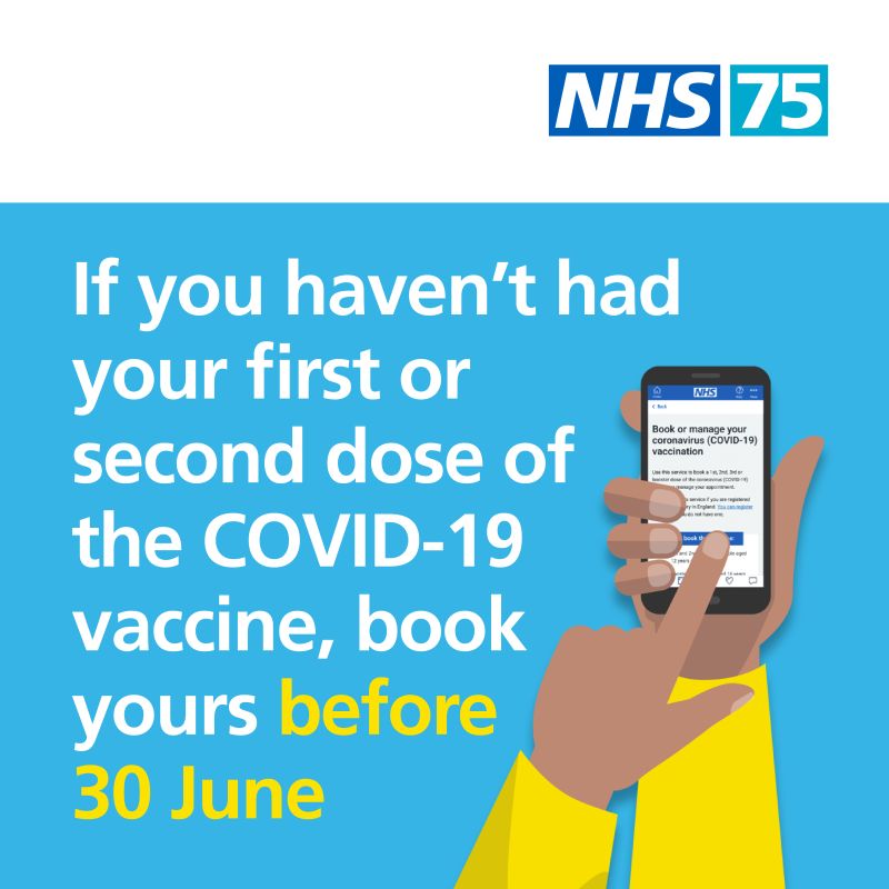 We’re encouraging anyone who hasn’t had a first or second dose of the Covid vaccine to come forward for them.

Book now to make sure you get at least one dose before the offer ends for many people on 30 June.

More: nhs.uk/.../how.../how…