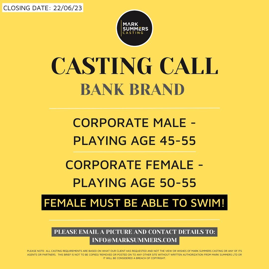 Lets talk about #casting 
New #castingcall TVC very good money 
 FEMALE ROLE MUST BE ABLE TO SWIM! email a pic/ info to info@marksummers.com In person casting Thurs
#casting  #castingcalluk #mark #summers #castingdirector #marksummerscasting #castingcompany #swimmer