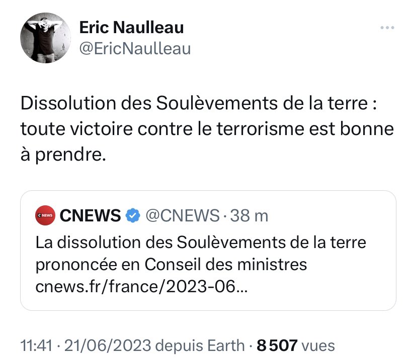 Si cette boussole à saloperies d’Éric Naulleau soutient la dissolution des soulèvements de la Terre, c’est le signe indubitable qu’il faut les défendre…
#JeMeSoulève