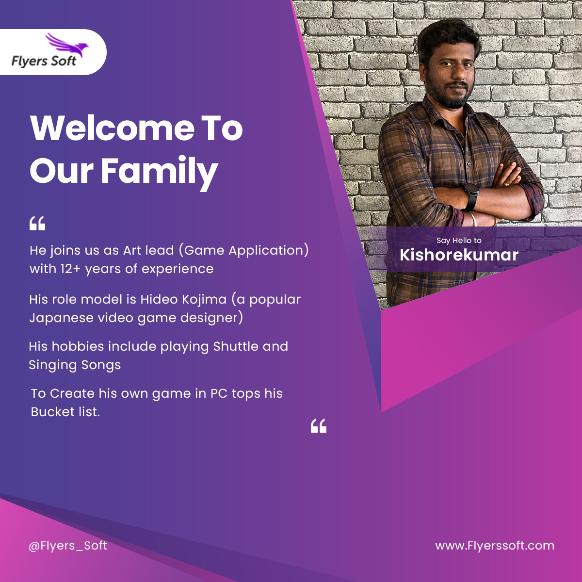 @FlyersSoft would like to welcome our new team member 'kishore' who has joined us recently.

We are excited to have you with us and we look forward to sharing many successes. Welcome on board!
.
.
.
#flyerssoft #newjoinee #newjourney #newjoiner #freshstart #Flyerssoftfamily