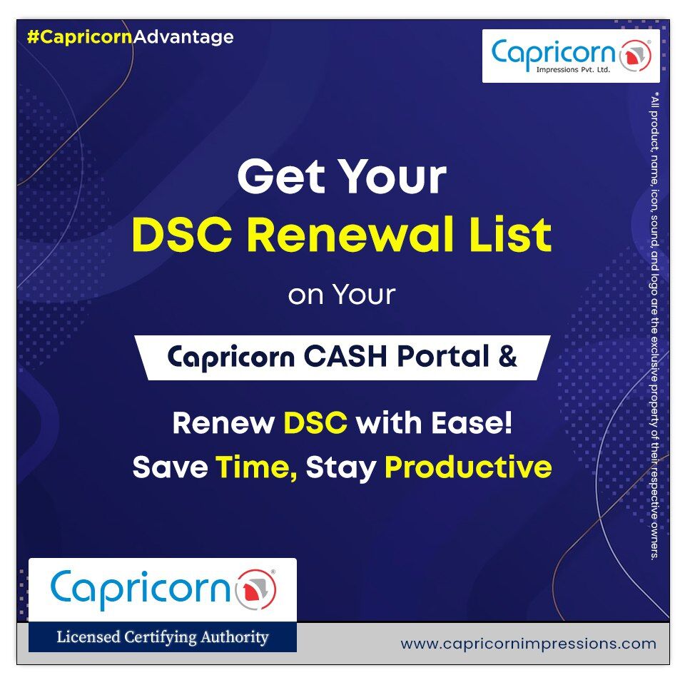 Tired of the hassle of renewing your DSC? Look no further! With the Capricorn Cash Portal, you can now access your DSC Renewal List in a snap.

Visit: capricornimpressions.com

#dsc #digitalsignature #certificate #savetime #renewal #savetime #esignature #class3dsc #channel