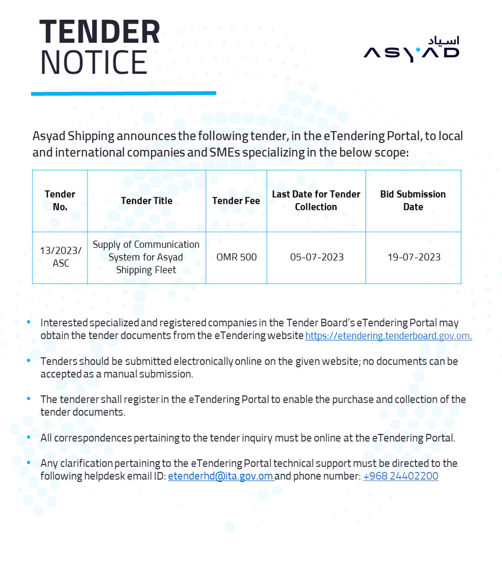 AsyadGroupOman's tweet photo. #ASYADShipping announces the following tender, in the eTendering Portal, to local and international companies and SMEs specializing in the below scope.
#ASYADGroupTenders https://t.co/FpjWT0omYL