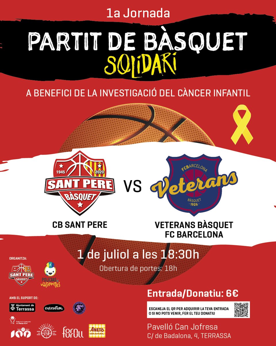 Vetbasquetfcb's tweet photo. @Vetbasquetfcb  a la 1a Jornada partit bàsquet solidari en benefici a la investigació del càncer infantil que organitza @CBSantPere de Terrassa
https://t.co/o0XFawmBKp https://t.co/sqA25NJYUb