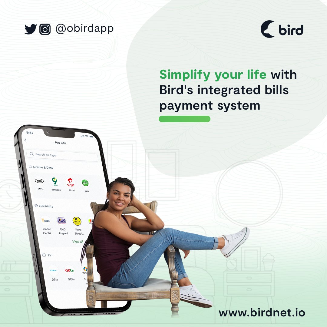 ObirdApp's tweet photo. Simplify your life with Bird's integrated bills payment system.

Find out more at https://t.co/TsEBhIyJmq

#Sendandreceivemoney
#Bird
#Moneytransfer https://t.co/Cplk3u36l9