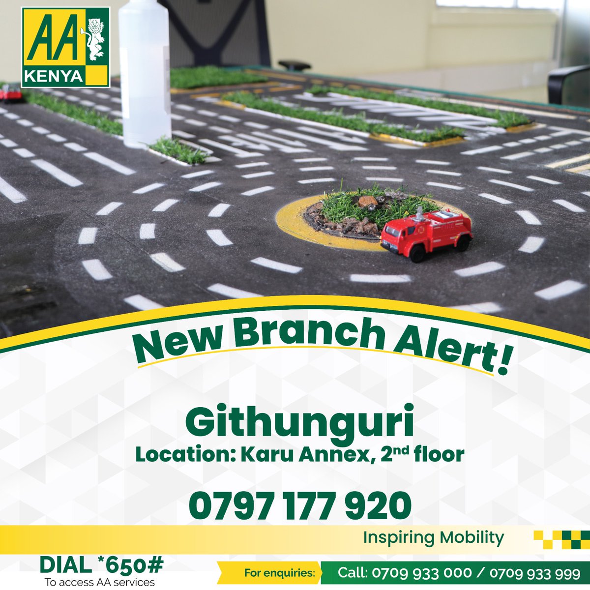 Githunguri, AA Kenya is here for you! Our new branch is officially open and ready to provide you with exceptional products and services. We are located at Karu Annex, 2nd Floor. For more info, call us on 0797177920/0709933000
#AAKenyacares #InspiringMobility