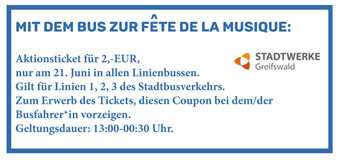 Mit Bus zur Fête de la Musique - SW-Greifswald bieten Aktionsticket an!

Für 2,- € gibt es ein Aktionsticket, das am 21. Juni von 13:00-0:30 Uhr in allen Stadtbussen der Linien 1,2 und 3 gilt. 

sw-greifswald.de/Aktuelles#1132

#fetedelamusique2023 #greifswald 
#FeteDeLaMusique
#fetehgw