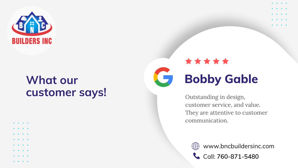 Dear Bobby Gable,

Thanks for sharing your experience! 🙏 We always🤞 aim to provide a great experience for our clients!

#review #feedback #clientreview #customerfeedback #customerexperience #customerreview #thankyou #thanks #5starreviews #bncbuildersinc
