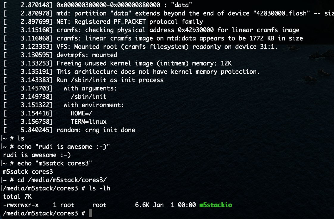 Wow, wow, see what happed!
#jcmvbkbc #Xtensa #Linux Port #ESP32 S3 runs on #m5stack #cores3

Come on, try this! 
echo 'rudy is awesome' > everyone console 😁

@eMbeddedHome

github.com/ESP32DE/Boot-L…