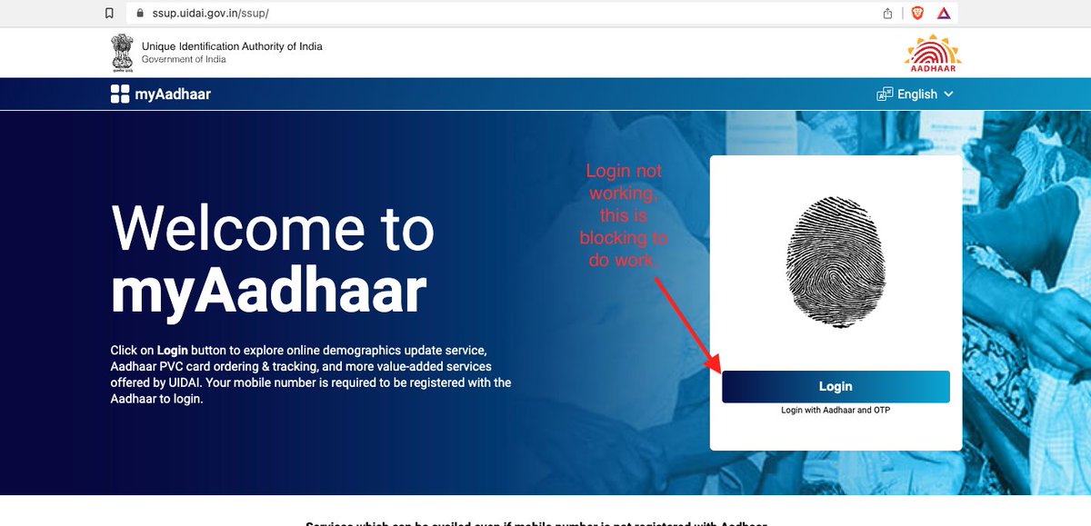 iSriNakka's tweet image. Sir @ceo_uidai I need to update the My Aadhaar details but when i try to access Self Service Update Portal, login page is not loading after clicking on Login button. Please fix this issue ASAP.
#aadhaarupdate @UIDAI @UIDAIBengaluru #AadhaarIssues