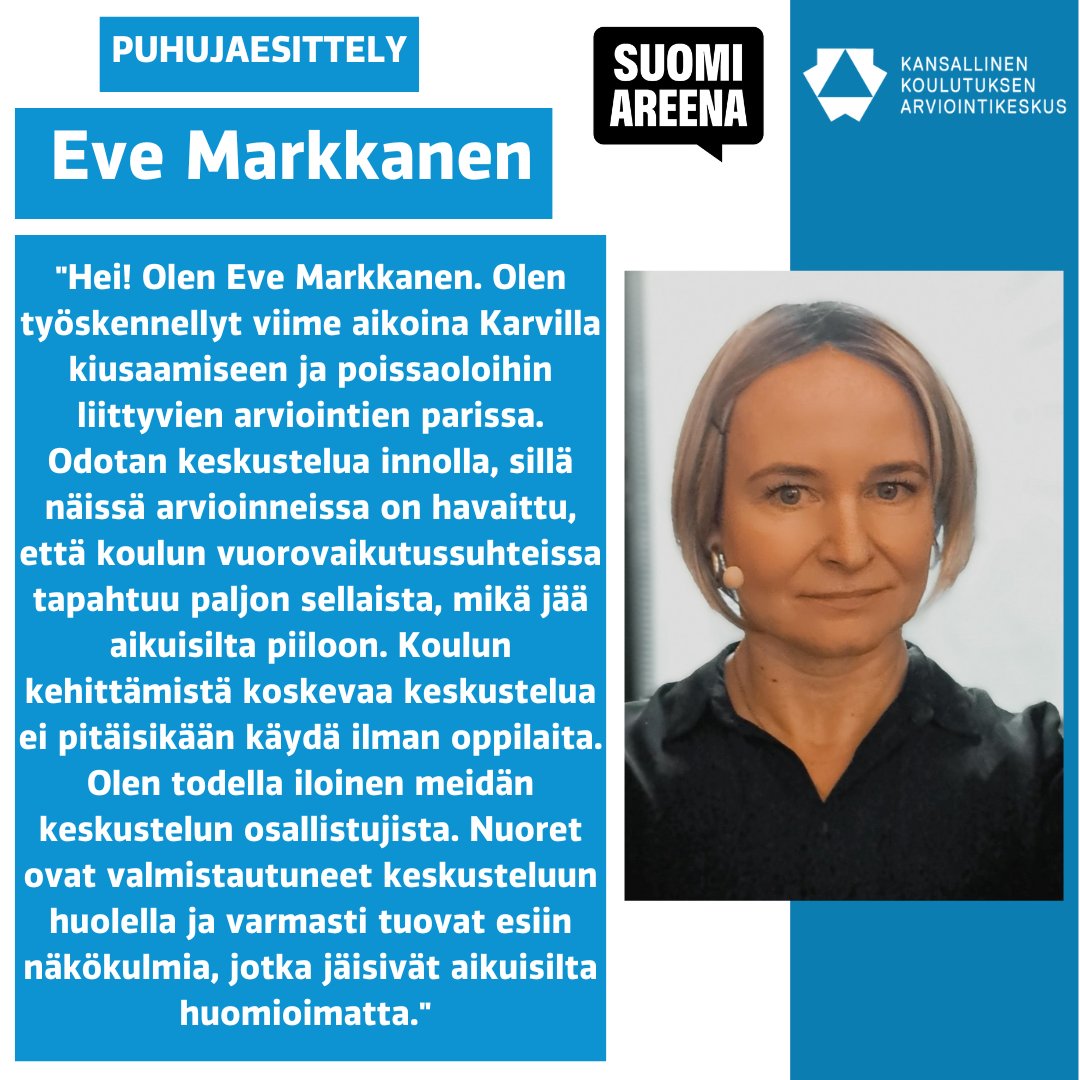 Vajaa viikko lavakeskusteluun! Seuraavaksi keskustelijoista esitellään Eve Markkanen! Eve, kuka olet, millaiset odotukset tulevasta?

Karvin lavakeskustelu: 
Minkä ilotta oppii sen surutta unohtaa? 27.6. 11–11:45/ Eetunaukio/MTV Katsomo 
#suomiareena #kouluviihtyvyys #oppiminen