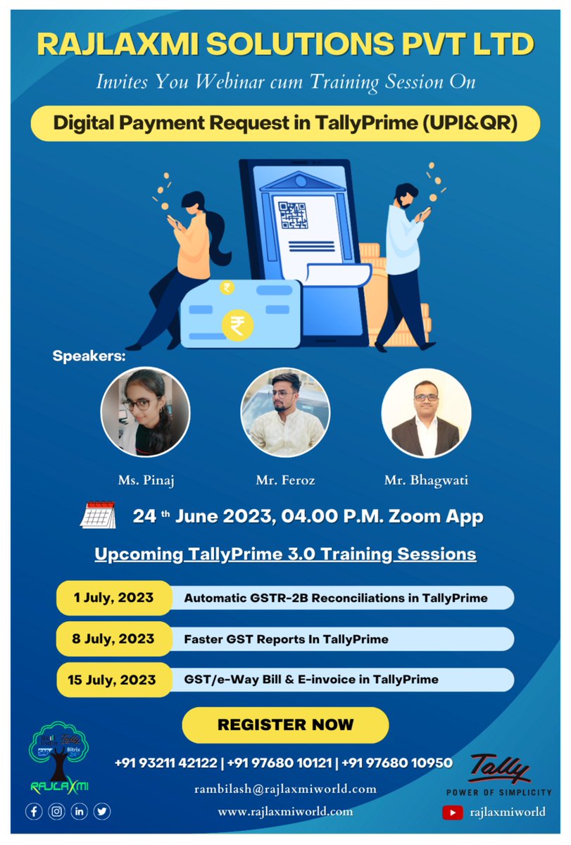rajlaxmiworld's tweet photo. Training On Digital Payment Request in TallyPrime (UPI &amp; QR Code) | TallyPrime3.0 | Weekly Tally Training | Register Now!
..
Register Now!
..
#Payment #TallyPrime3 #einvoicing #WebinarTraining #RajlaxmiSolutionsPvtLtd #Tallyprime #Editlog #Weeklywebinar #Training #UPI #QRCode https://t.co/0EBjtAc9FW