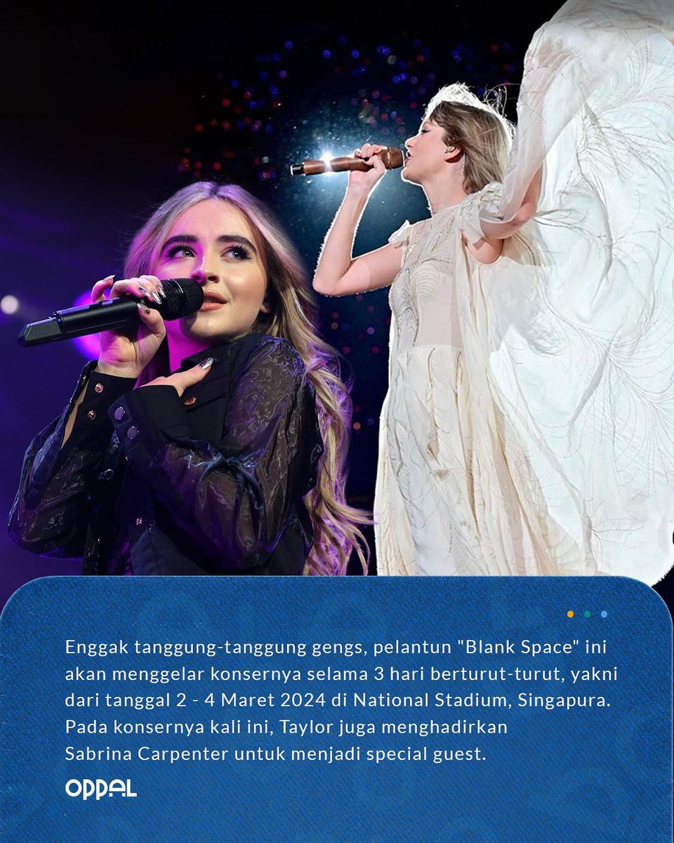 oppal_id's tweet image. Setelah Coldplay, Taylor Swift baru aja mengumumkan jadwal tur terbaru “The Eras Tour” yang juga bakal mengunjungi Singapura selama 3 hari!

Gimana nih Swifties? Are you ready to watch the iconic Taylor Swift’s concert?🤩🥳🙌🏼

#oppal #taylorswift #theerastour #konsertaylorswift
