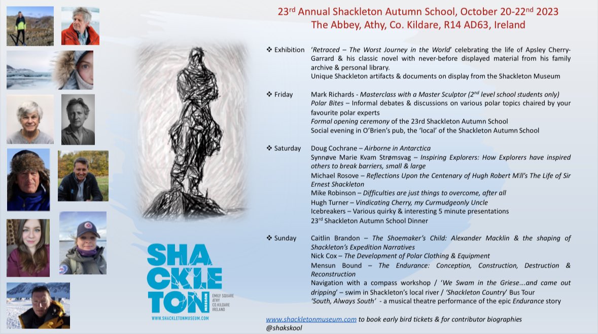 Contributors for this years Shackleton Autumn School include @RSGS_CEO of @RoyalScotGeoSoc, @cmbrandonpolar, Synnøve Stromsvag of @ExplorersClub, Nick Cox & Doug Cochrane formerly of @BAS_News ,Cherry’s nephew Hugh Turner,Mensun Bound of @Endurance_22 & polar artist @sarahb_polar