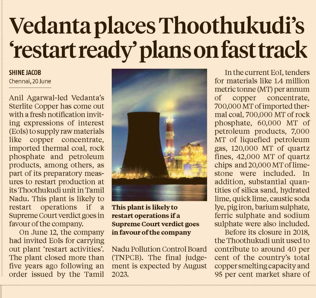 Copper prices doubled between 2020 and 2022. Thoothukudi had 40% share of domestic smelting capacity. Andolanjeevi's robbed the state of massive taxes and imposed costs on manufacturers. In IND activism for hire is one of the biggest biz frictions.