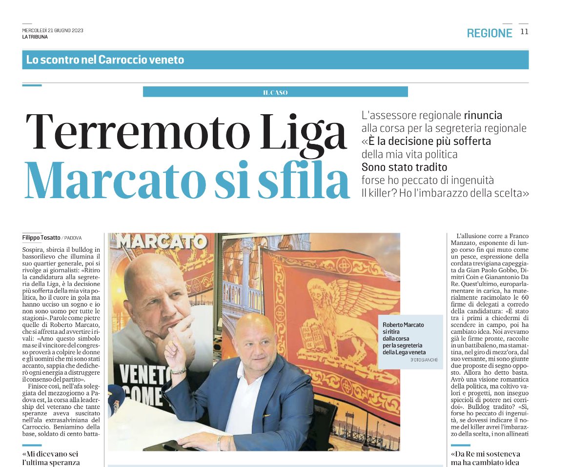 Veneto, bulldog @roberto_marcato si ritira dalla corsa alla segreteria veneta della Liga, ma a tradirlo più che i trevisani è stato il suo presidente, silente