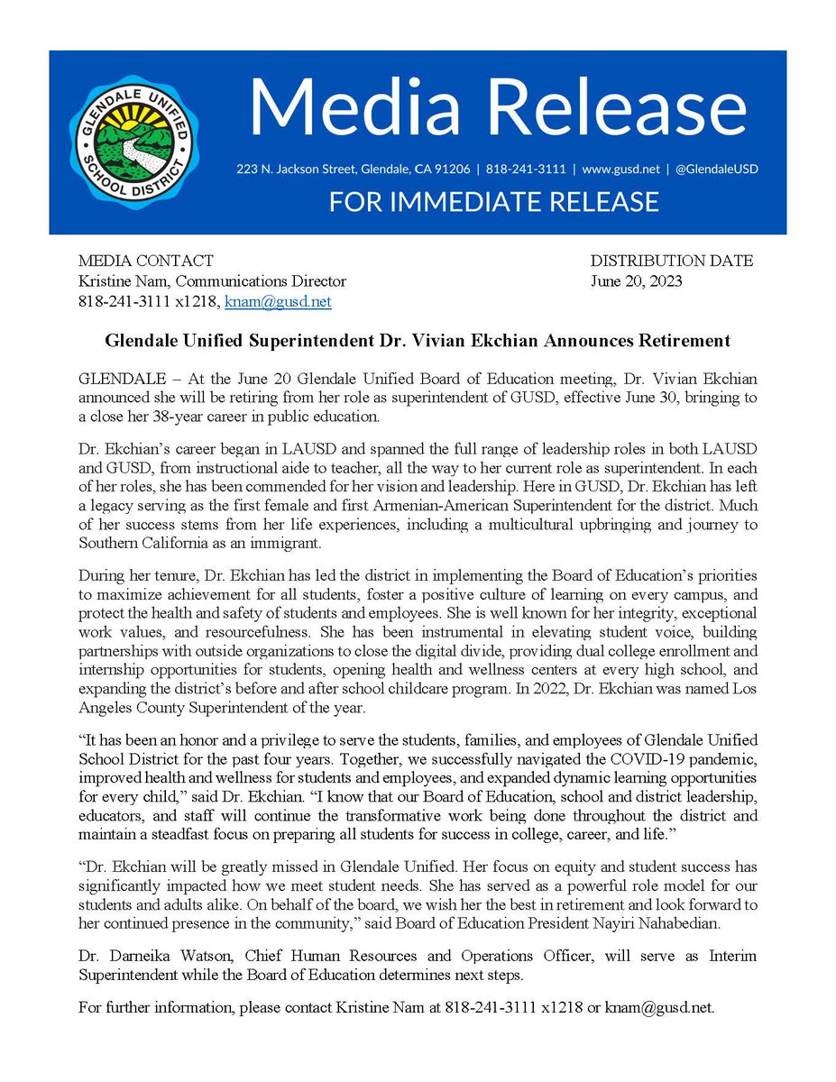 At the June 20 Glendale Unified Board of Education meeting, Dr. Vivian Ekchian announced she will be retiring from her role as superintendent of GUSD, effective June 30, bringing to a close her 38-year career in public education. Full media release: gusd.net/news/superinte…