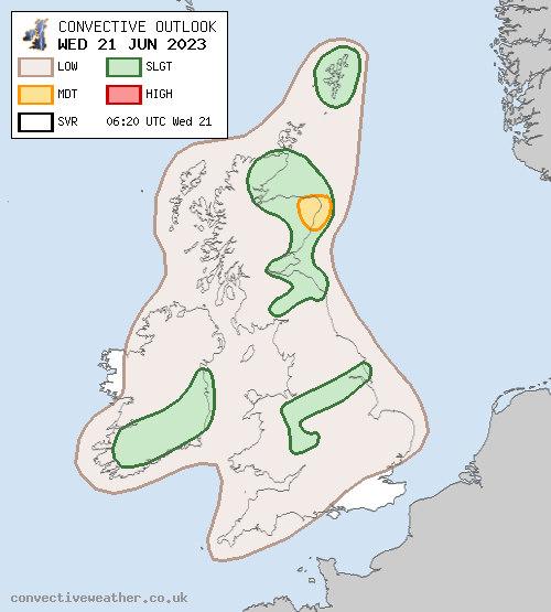 WED 21 JUN 2023: convectiveweather.co.uk/forecast.php?d… Scattered showers will develop through today, with a few thunderstorms in places - especially NE Scotland. A couple of funnel clouds will also be possible.