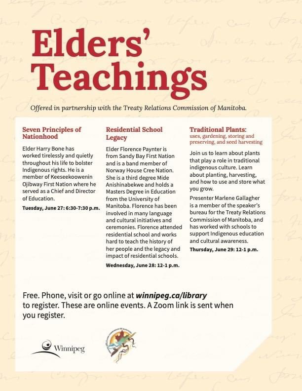 Elders Teachings- June 27-29! 

Winnipeg Public Library and @TRCM are hosting a series of online programs with Elder’s Harry Bone, Florence Paynter, and Marlene Gallagher! Check it out! 

wpl.winnipeg.ca/library/whatsh…