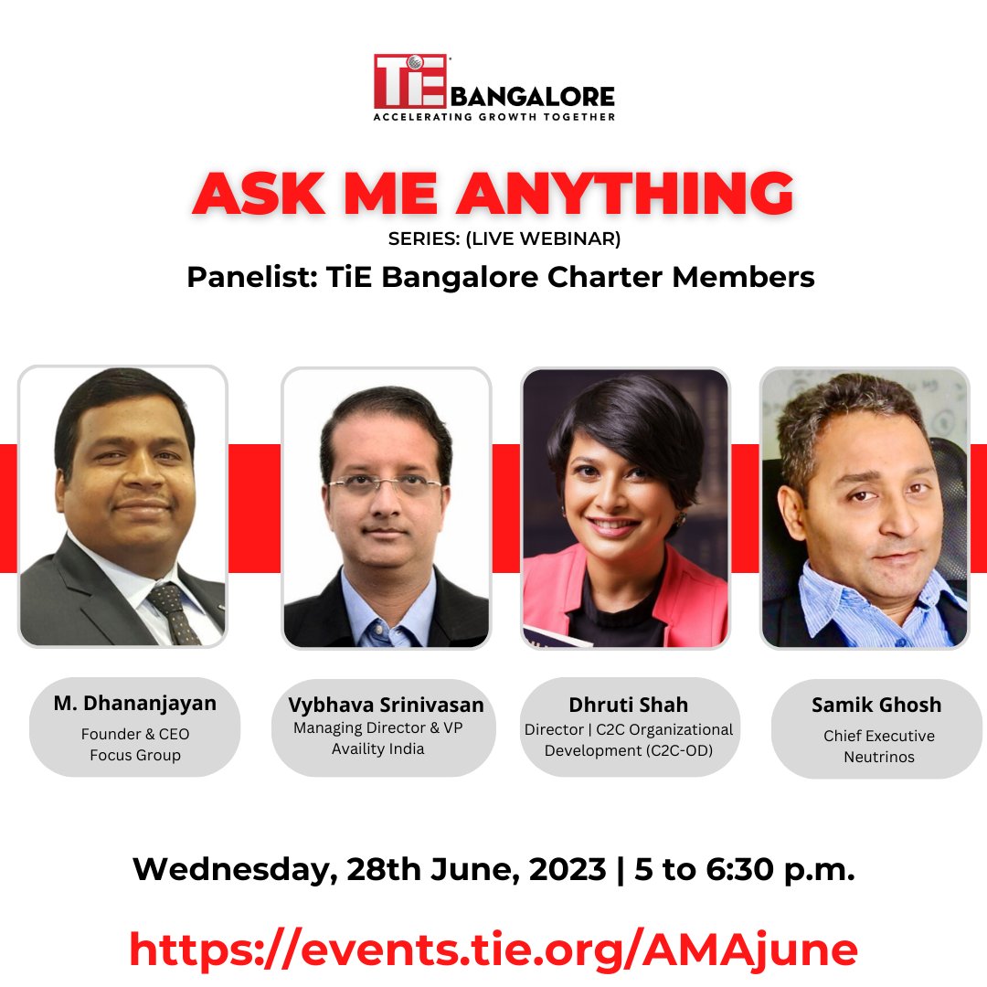 TiEBangalore's tweet image. Ask Me Anything SERIES: (LIVE WEBINAR).

🗓 Date: Wednesday, 28th June 2023
⏰ Time: 5:00 to 6:30 p.m.

Don&apos;t miss out! Secure your spot by registering here: events.tie.org/AMAjune

#AskMeAnythingSeries #TiEBangalore #StartupInsights #Innovation #BusinessStrategy