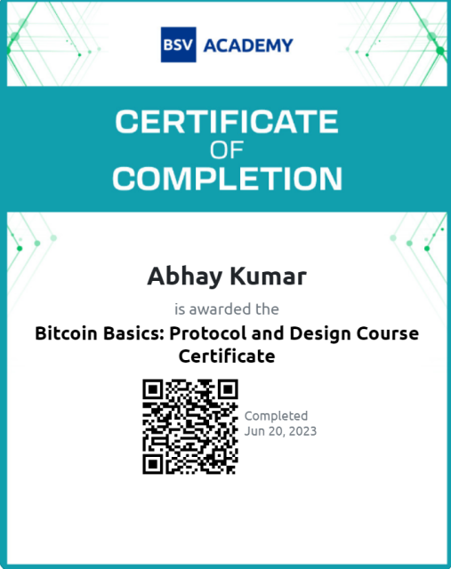 abhayku2002's tweet photo. Bitcoin Basics: Protocol and Design Course Certificate
I successfully completed the certification of Bitcoin Basics https://t.co/6Rwg3HvtqH