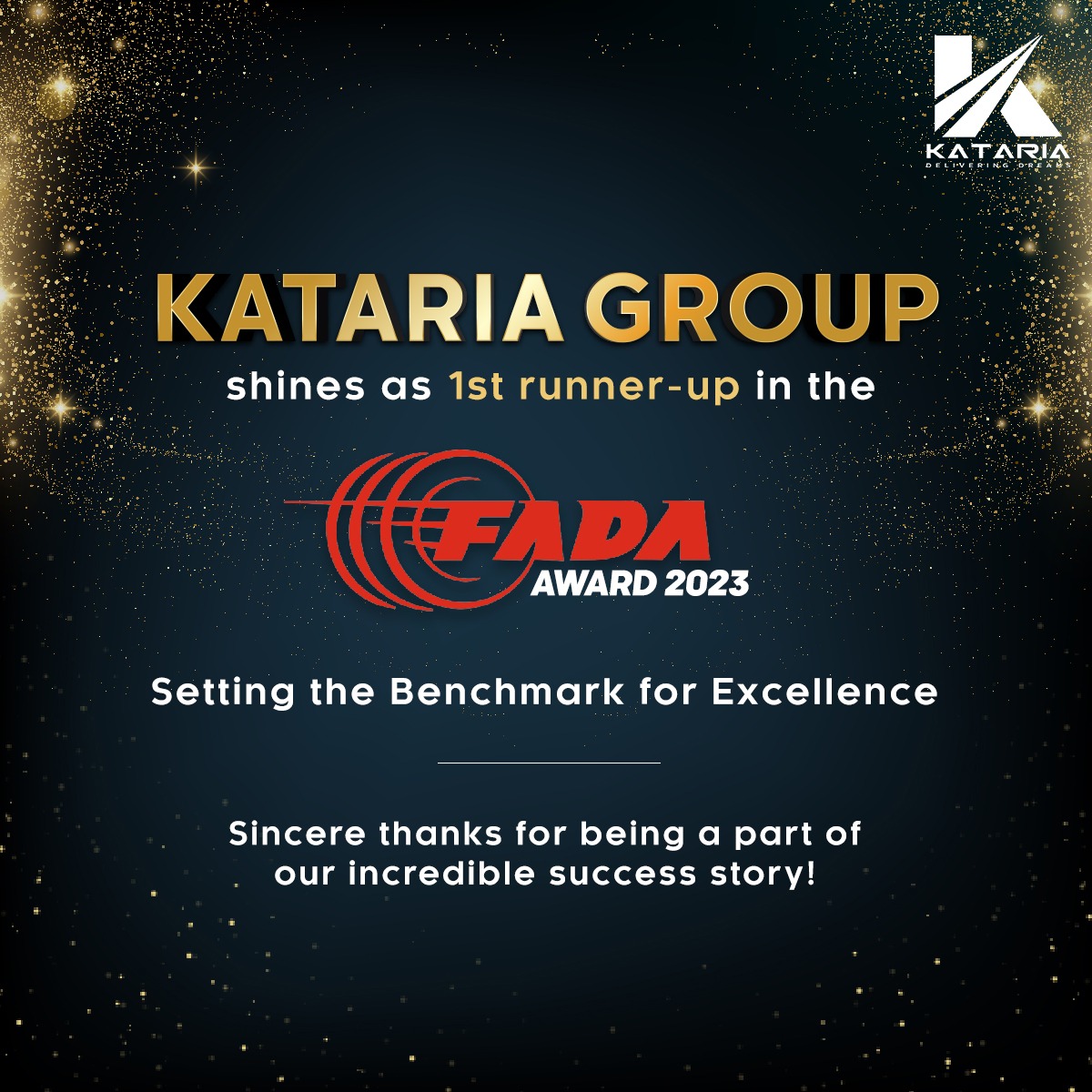 Kataria Group Shines Bigger and Brighter as 1st Runner-Up in the FADA Awards 2023! Setting the Benchmark for Unstoppable Excellence Gratitude to all who contributed to our phenomenal success story!

#KatariaGroup #FADAAwards2023 #UnleashingGreatness #congratulationsteam