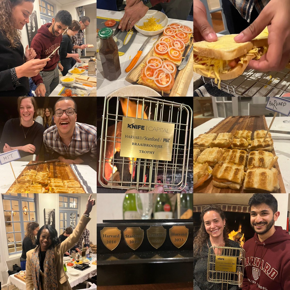Awesome evening hosting the annual <a href="/KnifeCap/">Knife Capital 🔪</a> #BraaiBroodjie Championship between <a href="/HarvardHBS/">Harvard Business School</a> <a href="/Kennedy_School/">Harvard Kennedy School</a>/ <a href="/StanfordGSB/">Stanford Graduate School of Business</a>/ <a href="/MITSloan/">MIT Sloan School of Management</a>! Well done #Harvard for lifting the trophy with a narrow margin on the best combo of Commitment, Presentation &amp; Taste! 🔥🍞🏆