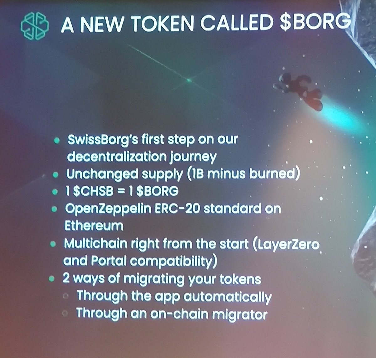 The #CHSB token will be automatically replaced by the #Borg in the app between September and October 2023.

• Supply unchanged
• 1 CHSB for 1 BORG
•  Multichain! 

#WeAreSwissborg