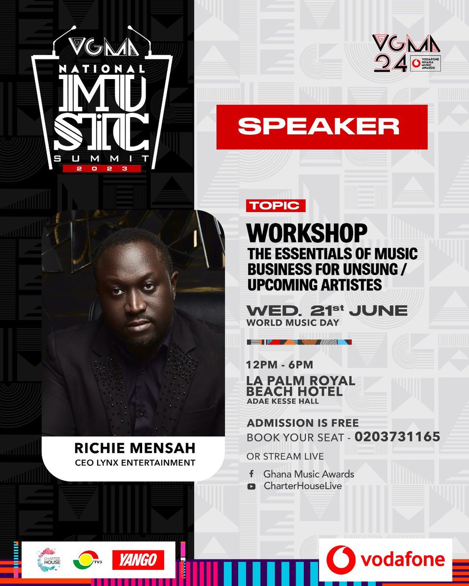GhanaNdwom's tweet photo. It’s today!!!VGMA presents the 3rd National Music Summit on the 21st June as the world marks WORLD MUSIC DAY !

Join us at @lapalmroyalbeachhotel &amp; also LIVE via VGMA social media channels as we address pertinent issues regarding the growth of the Gh Music Industry 

#24thvgma https://t.co/CrlU10FlCU