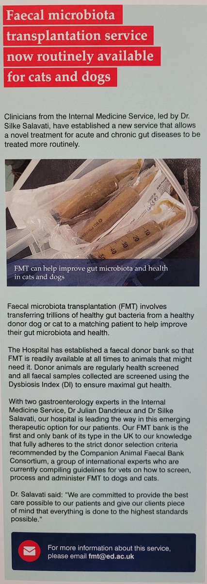 More #news: I am #proud to say we have established our #FMT bank @TheDickVet. Well screened donors, FMTs ready to go! Available for both #dogs and #cats! 
#InternalMedicine #gastroenterology #microbiome #guthealth #onwardsandupwards #cuttingedge #bestcare #innovationinhealthcare