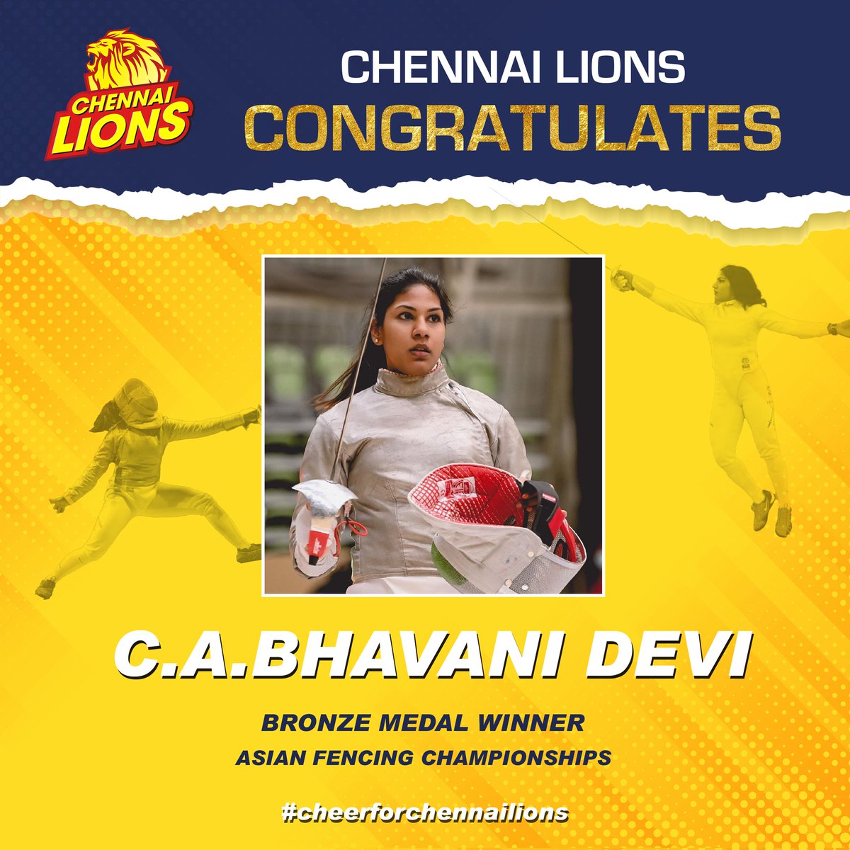 Chennailions_TT's tweet photo. Congratulations @IamBhavaniDevi
For making historical victory by winning the first medal for India
in Asian fencing Championship 2023
You made India Proud...!!
.
.
.
.
#sportsforall #asianfencing #thechennailions #chennailions #chennailionstabletennis #uttchampions2019 https://t.co/AVoKoiE9fi