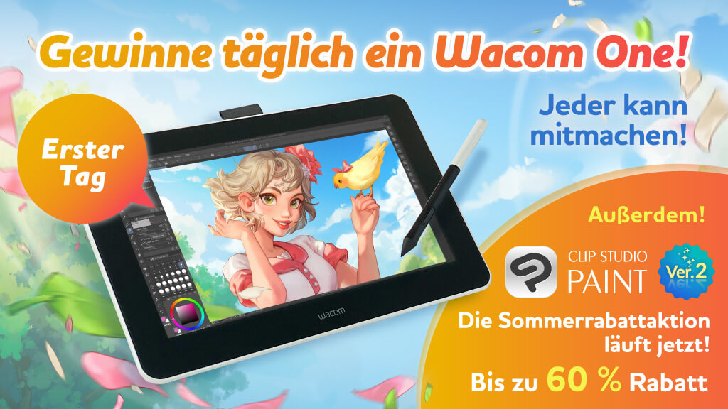 Jeden Tag die Chance, ein Wacom One zu gewinnen! Um teilzunehmen, folge einfach diesem Beitrag und retweete ihn. Jeder kann so oft teilnehmen, wie er möchte. Außerdem ist CLIP STUDIO PAINT Ver. 2 bis 27. Juni um 8:00 Uhr (GMT) 60 % günstiger! Infos:　clipstudio.net/promotion/give…
