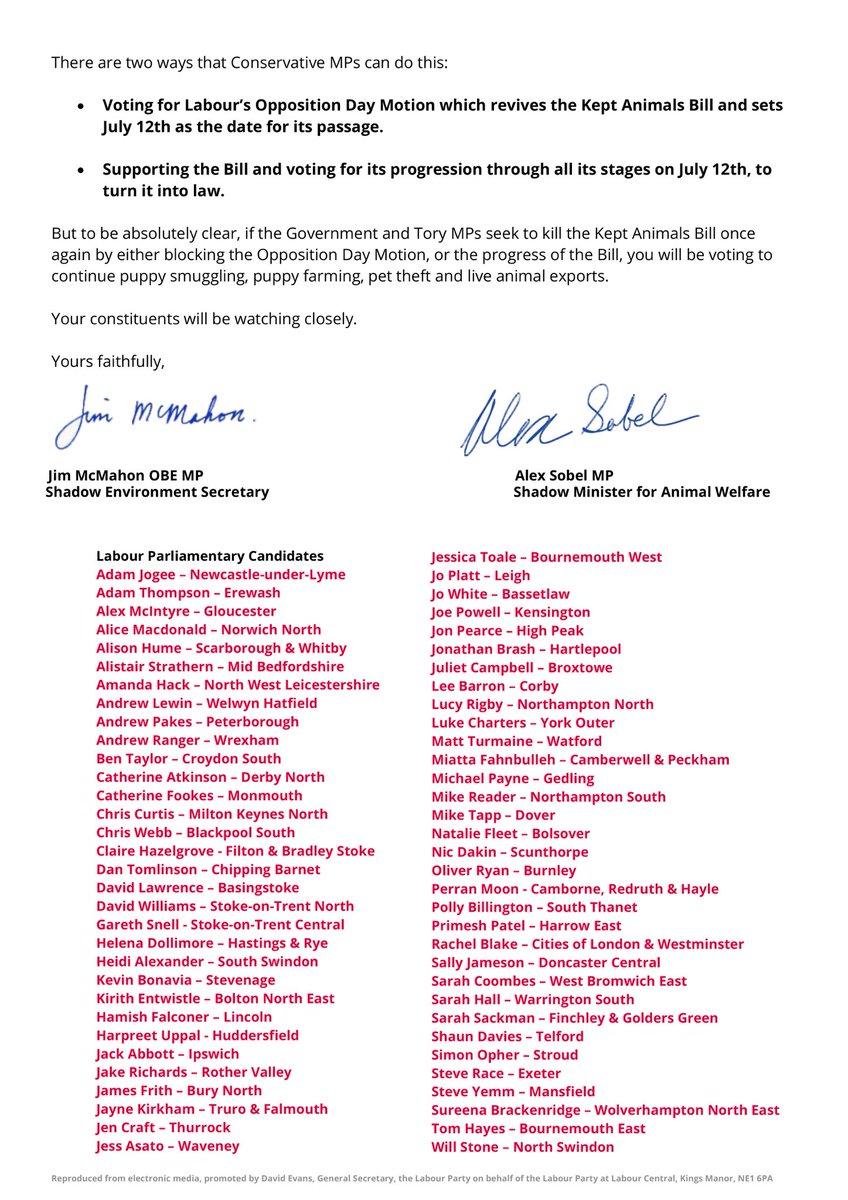 The #KeptAnimalsBill was promised by Tory MPs at the last election &amp; by Rishi Sunak when he stood to be PM.

But instead the Tories ditched it. 

Today I’m reviving it &amp; <a href="/UKLabour/">The Labour Party</a> candidates &amp; I are clear. If Tory MPs block it, they’re giving the green light to puppy smuggling ⤵️