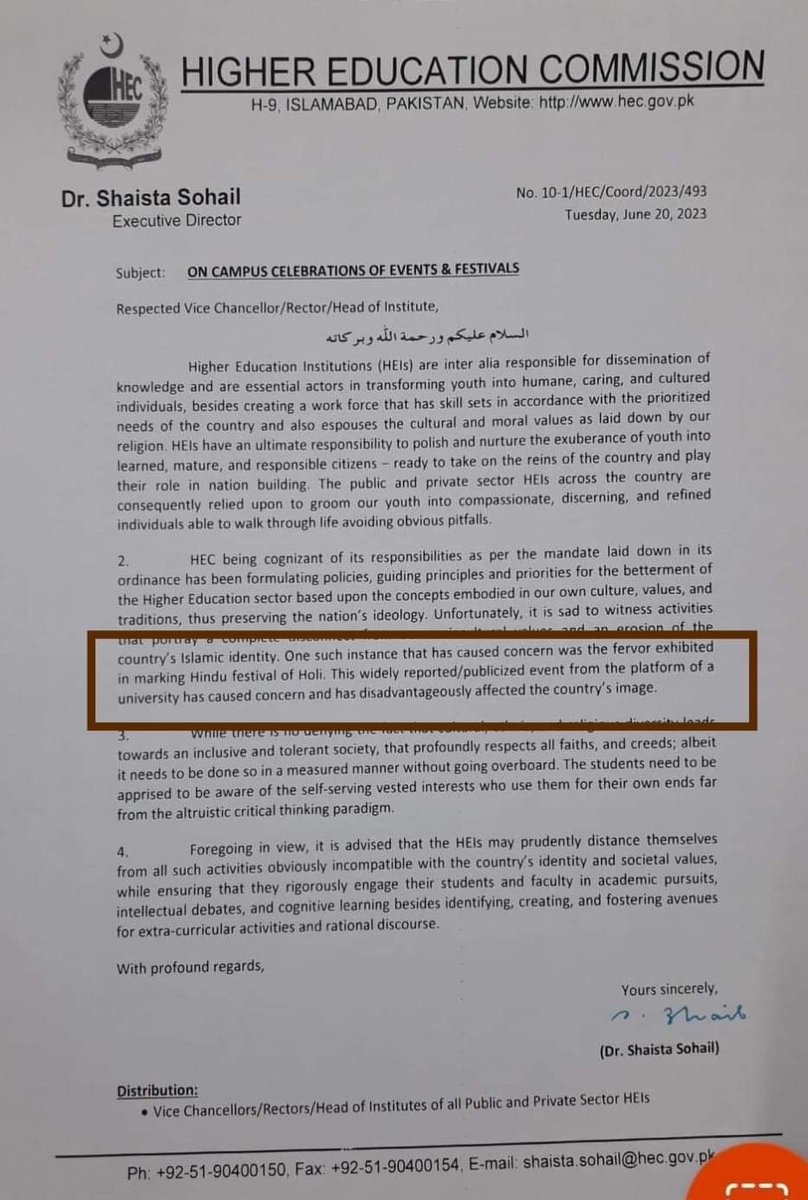 The higher education commission banned Holi celebration in universities bcause it's the issue of the country's identity
Is the Hindu community not Pakistani?
Any comments respected PM <a href="/CMShehbaz/">Shehbaz Sharif</a>
<a href="/BBhuttoZardari/">Bilawal Bhutto Zardari</a> <a href="/MaryamNSharif/">Maryam Nawaz Sharif</a> <a href="/sherryrehman/">SenatorSherryRehman</a> <a href="/betterpakistan/">Ahsan Iqbal</a> <a href="/gabeeno/">Meena Gabeena</a> <a href="/KlasraRauf/">Rauf Klasra</a>