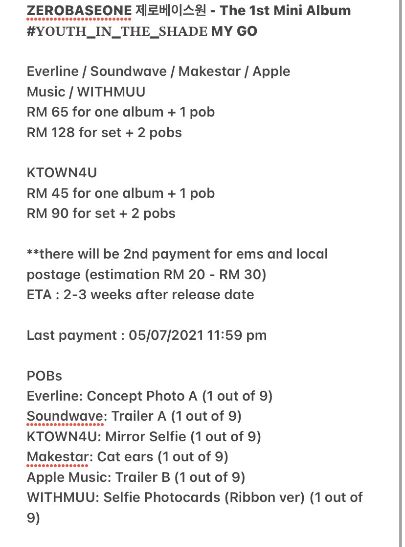 ZEROBASEONE The 1st Mini Album #𝐘𝐎𝐔𝐓𝐇_𝐈𝐍_𝐓𝐇𝐄_𝐒𝐇𝐀𝐃𝐄 MY 🇲🇾GO

Everline / Soundwave / Makestar / Apple Music / WITHMUU
RM 65 for one album + 1 pob
RM 128 for set + 2 pobs

KTOWN4U
RM 45 for one album + 1 pob
RM 88 for set + 2 pobs

#pasarZB1

👇🏻availability