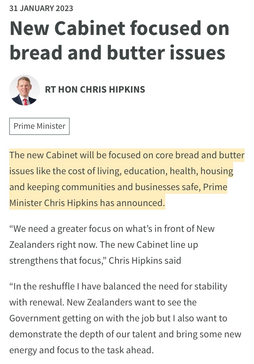 How it started.
The new Cabinet will be focused on core bread and butter issues like the cost of living, education, health, housing and keeping communities and businesses safe.

How its going.
Nash sacked.
Tinetti before privileges committee.
Meka Whaitiri left.
Wood resigned.