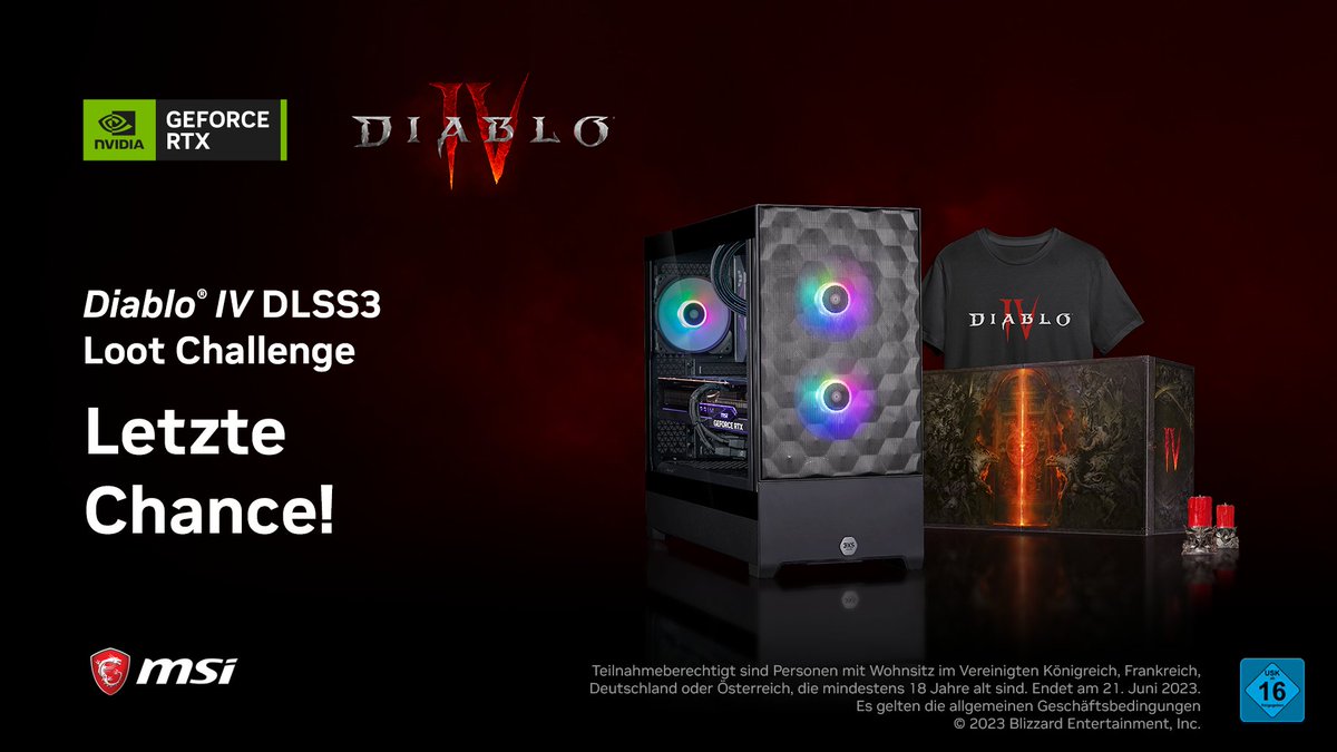 NVIDIAGeForceDE's tweet photo. 📢 LETZTE CHANCE ZU GEWINNEN 📢

Wir haben jede Menge Preise zu verlosen.
Kommentiere mit #DiabloIVDLSS3 und sag uns, warum du denkst, dass du (oder ein Kumpel) gewinnen sollte!
Einsendeschluss ist 19 Uhr! Gewinner werden am 23. Juni bekannt gegeben.

@msigaming_de  - @Diablo_DE https://t.co/wwvoJKGHPk