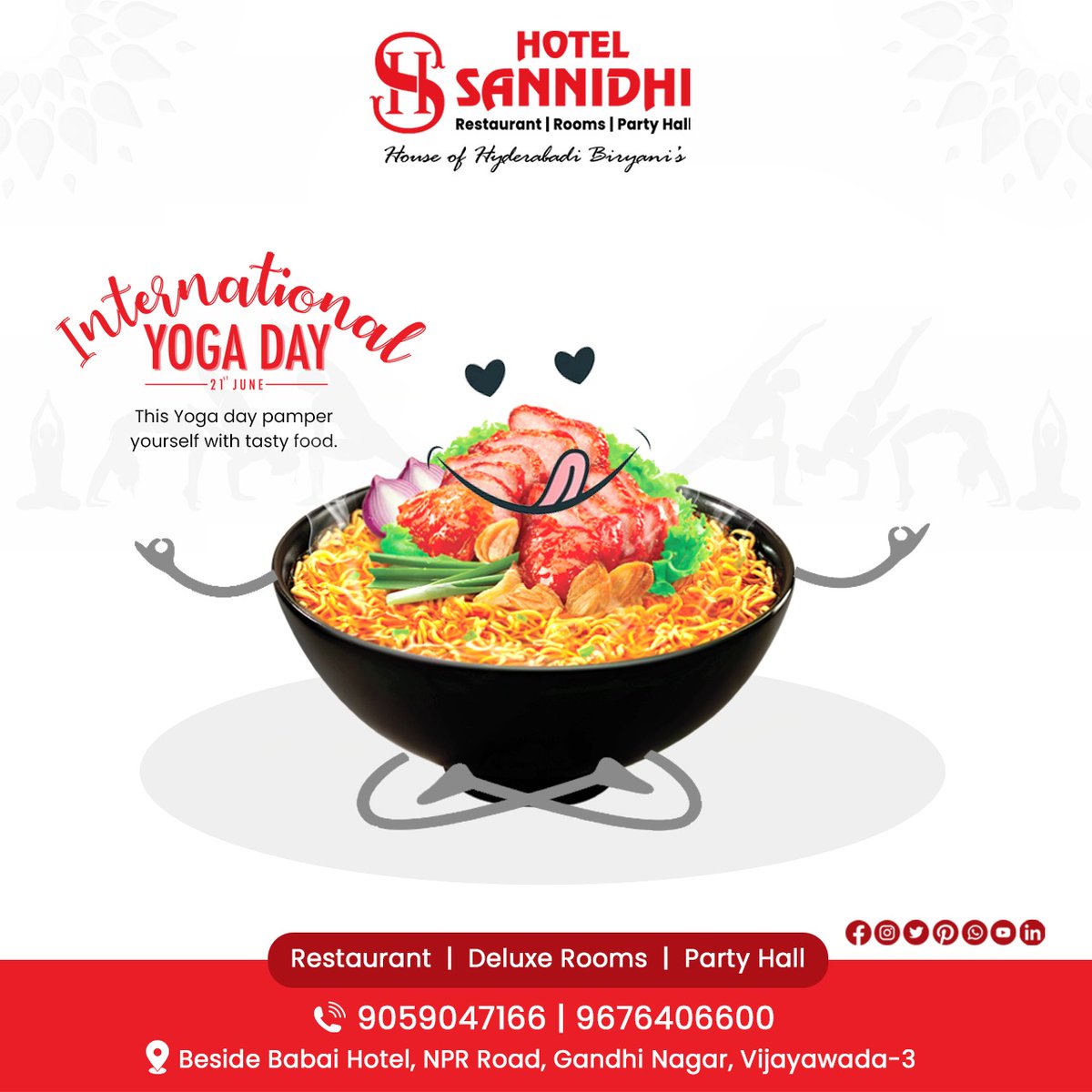 This Yoga day pamper yourself with tasty food....
International day of Yoga....
#Sannidhi #hotels #besthotels #budgethotels #comfortablestay #hotels #bestdeals #comfortable #stay #comfortable #journey #vijayawada #bestrestaurant #yogaday #yogaday2023 #yogadaywishes