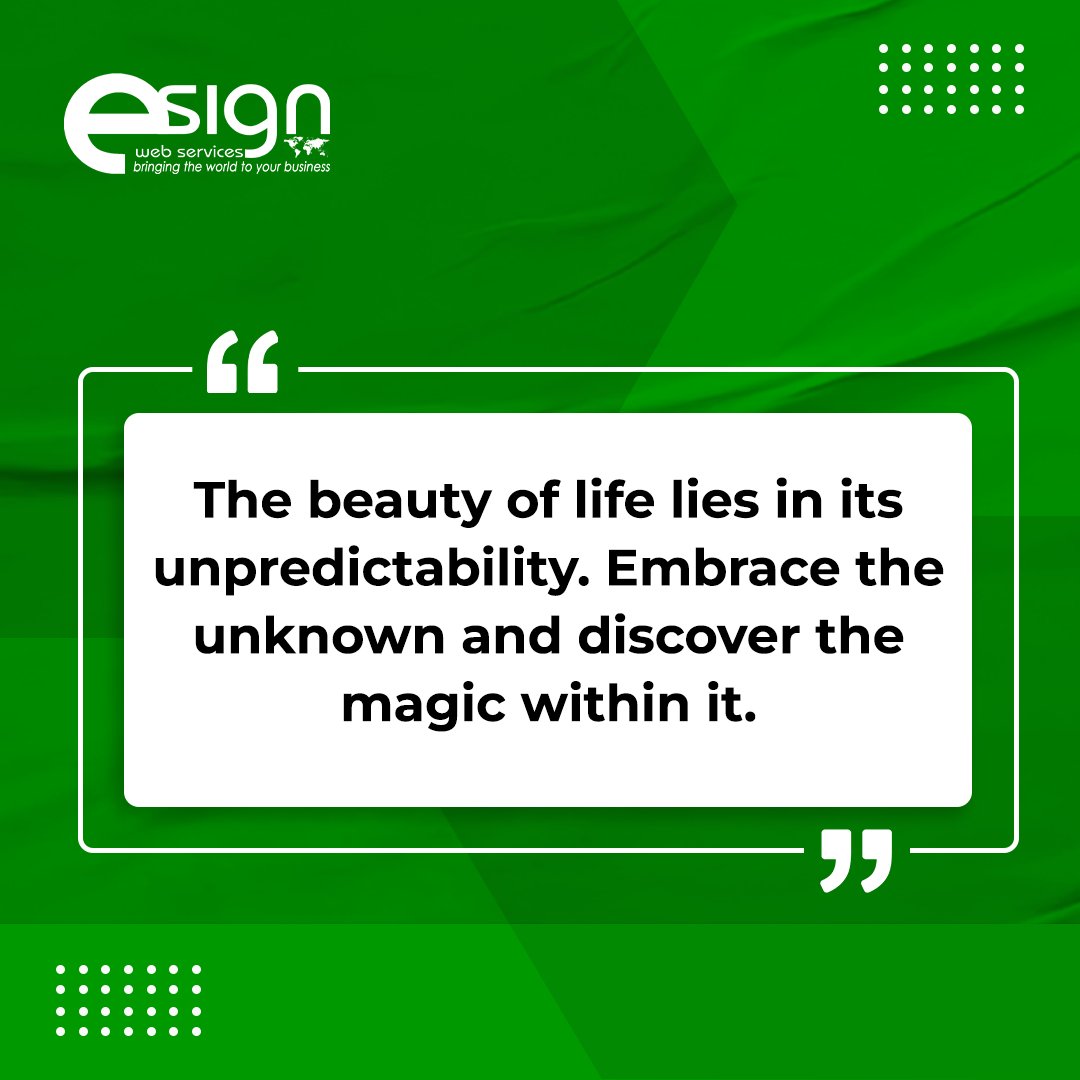 'The beauty of life lies in its unpredictability. Embrace the unknown and discover the magic within it.'
.
.
#businessquotes #businessmindset #businessgrowth #businessstrategy #businesstips #smallbusiness #startuptips #growyourbusiness #businesssuccess #esignwebservices