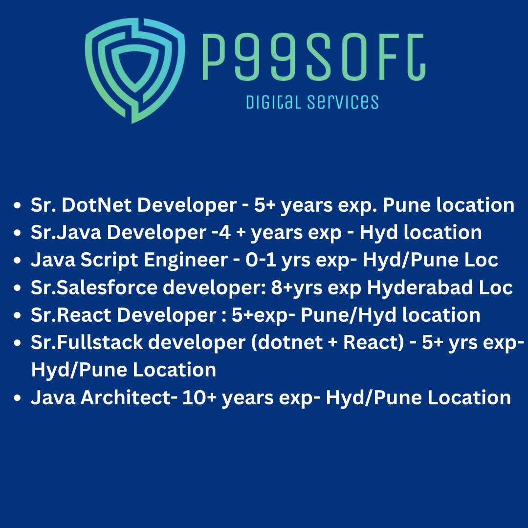 p99soft's tweet photo. Looking for good job opportunities? Join the excellent team of @p99soft.Share your c.v's at hr@p99soft.com. Immediate Joiners Preferred. #dotnetdeveloper #javascript #reactdeveloper #javaarchitect #reactjs #javadeveloper #Salesforce #JoinUs #hiring #p99sot https://t.co/YqMteSLE76