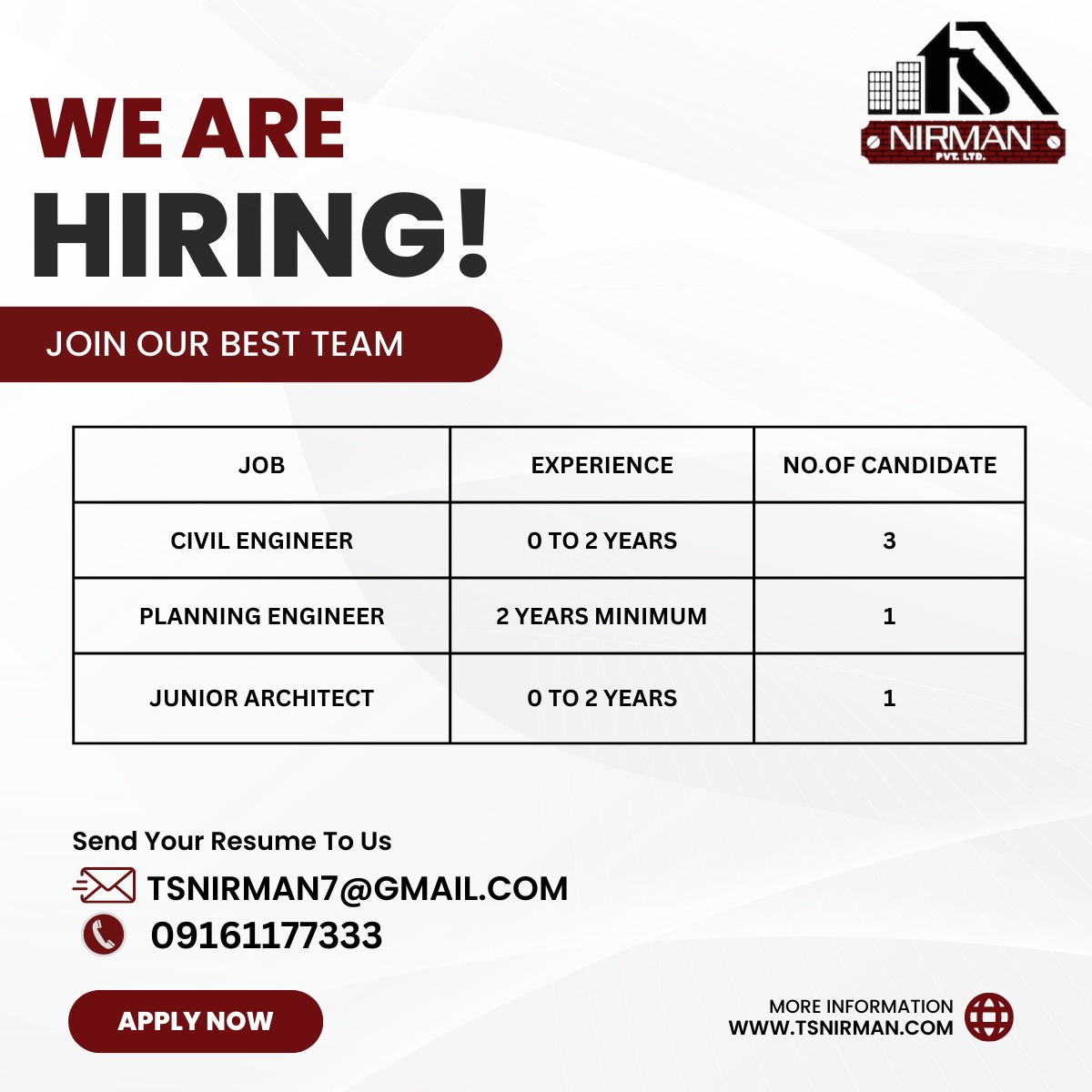 ts_nirman's tweet photo. We are hiring...
Join our best team 
#hiring #civilengineer #job #civilengineerjob #civiljobs #architectjobs #planningengineer #planningengineerjob #architect https://t.co/VfQVmelFOR