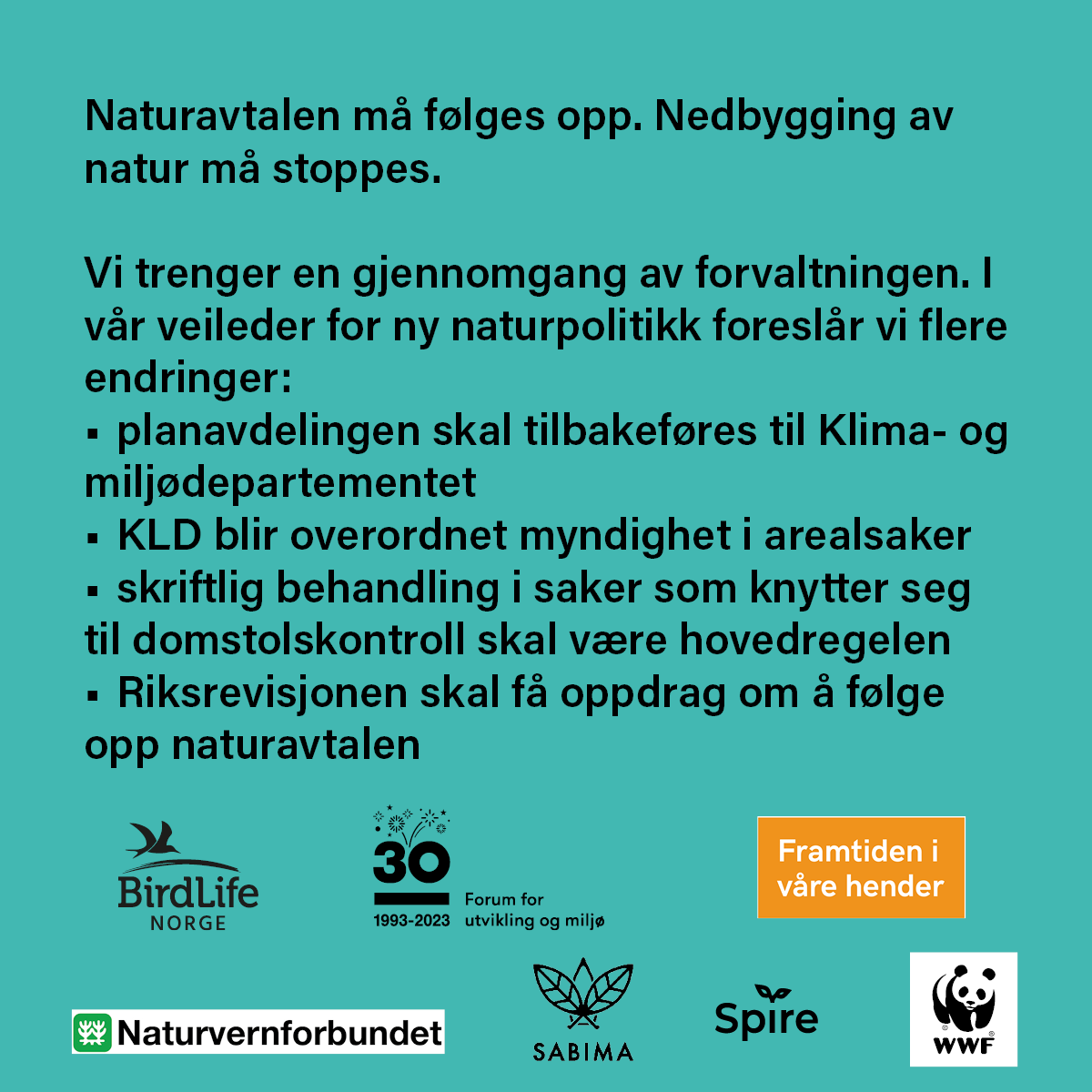 ForumNorway's tweet photo. 🏞 FOR NATUREN - Den internasjonale naturavtalen må følges opp. Nedbygging av natur må stoppes.
For å oppnå dette, trenger vi en gjennomgang av hvem som har myndighet til å beslutte naturinngrep.
Les mer: https://t.co/JGDZyJc7ks
#forNaturen https://t.co/kbYIVejXeV