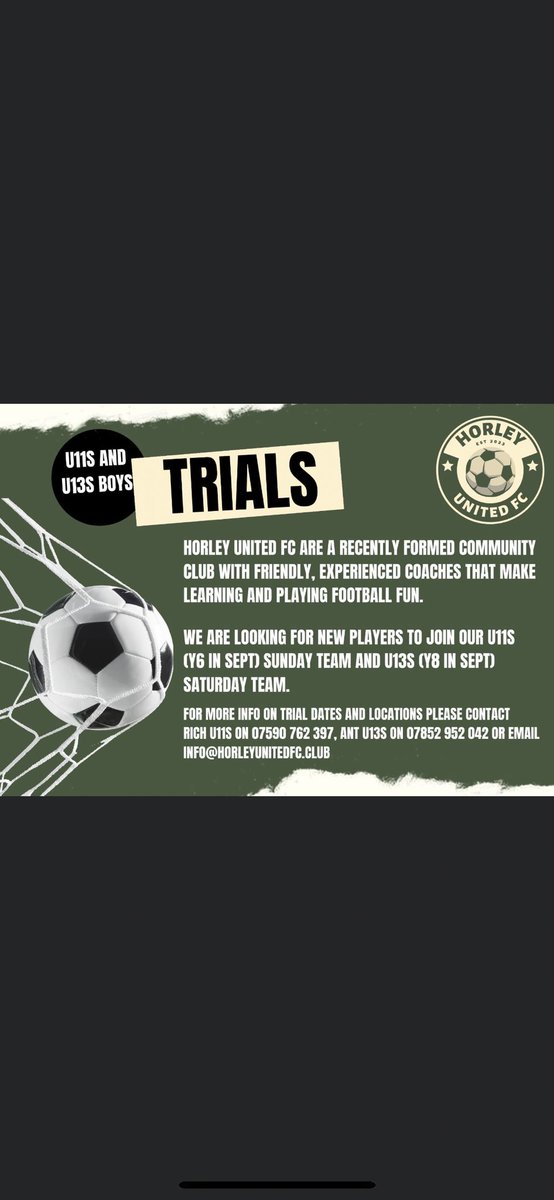 This coming Saturday <a href="/horleyunitedfc/">Horley United FC</a> football trials, u13s for Saturday league football , so if you play Sundays you can still play for us also, current year 7 boys. Please contact me for further details. <a href="/HorleyLife/">Horley Life</a>