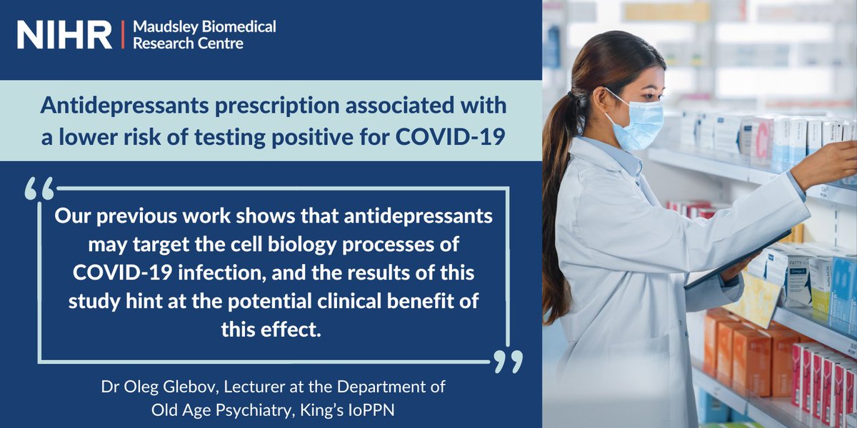 New research <a href="/BMCMedicine/">BMC Medicine</a>, led by Dr <a href="/olegglebov1/">oleg glebov</a> <a href="/KingsIoPPN/">Institute of Psychiatry, Psychology & Neuroscience</a>, shows that #mentalhealth patients who were prescribed antidepressants were less likely to subsequently test positive for COVID-19. Researchers analysed data from over 5.6k patients using CRIS.

maudsleybrc.nihr.ac.uk/posts/2023/jun…