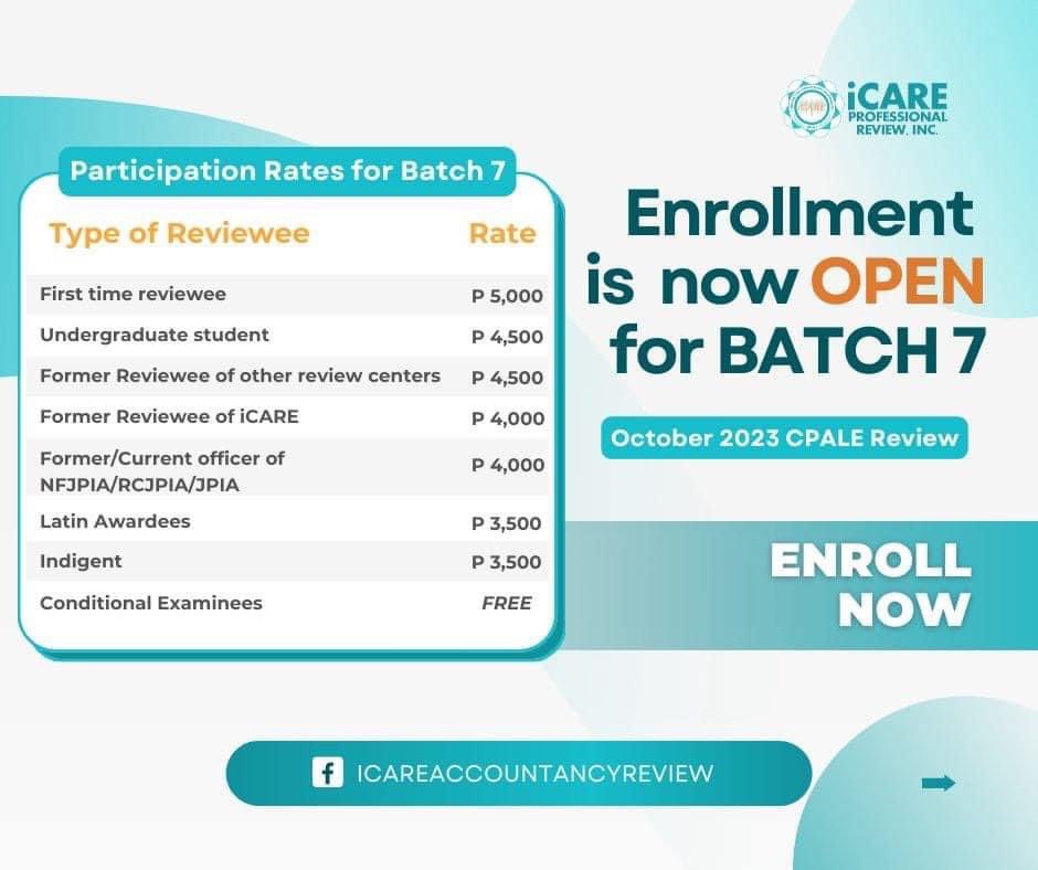 Enrollment is still on-going for iCARE Online Accountancy Review for October 2023 CPALE. We are a caring institution for responsive education. Social justice is our mission vision. Those who have less in life should have more in law and in education.