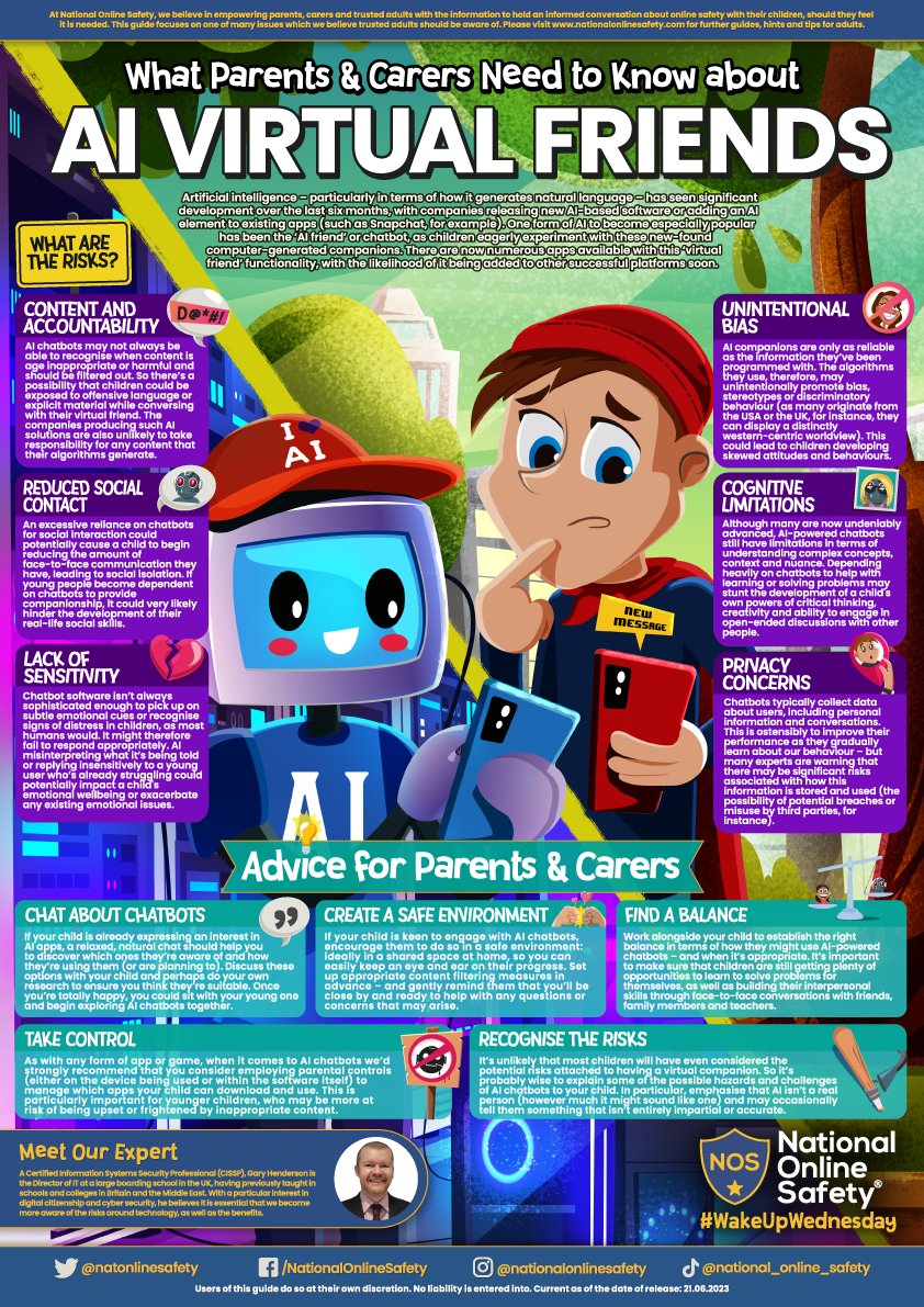 “How are you today?” 🤖 AI chatbots are among the most talked-about digital developments of recent times, but how safe are they for young people? Our #WakeUpWednesday guide assesses these ‘virtual friends’ from an #OnlineSafety perspective 🔎

Download >> bit.ly/42PExNL