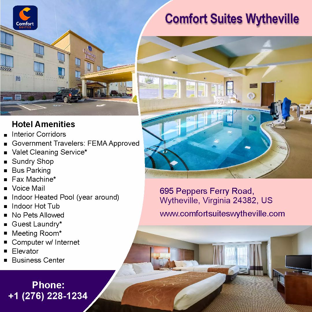 VaComfort's tweet photo. 🏨Looking for a comfortable stay in Wytheville, Virginia? Check out Comfort Suites! 🛌 Enjoy top-notch amenities and make your trip unforgettable! 🙂#Wytheville #TravelGoals 
Visit: https://t.co/UJoBecBvrY
Call: +1 (276) 228-1234 https://t.co/I7R5OBrSvS